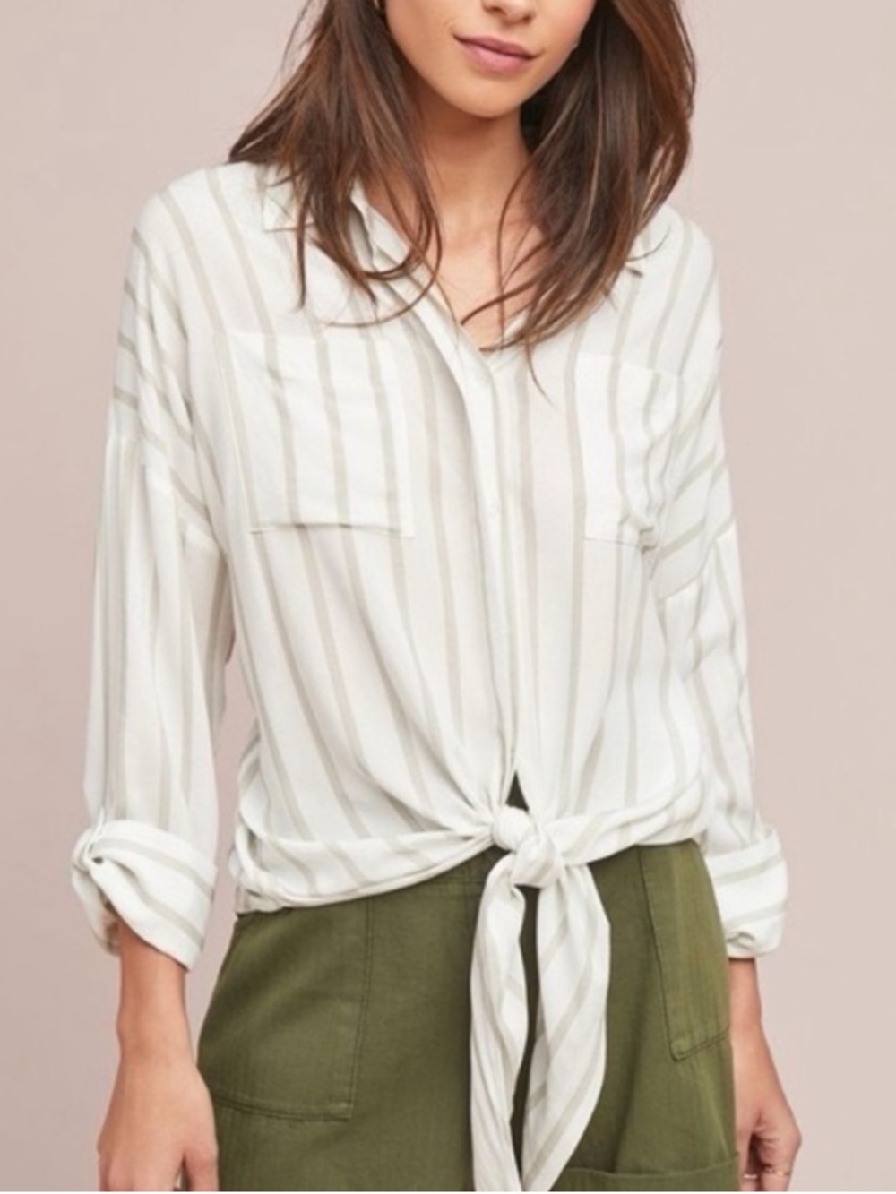 Anthropologie Maeve Neutral Striped Button-Up Tie Front Top Size XS Lightweight - Picture 2 of 11